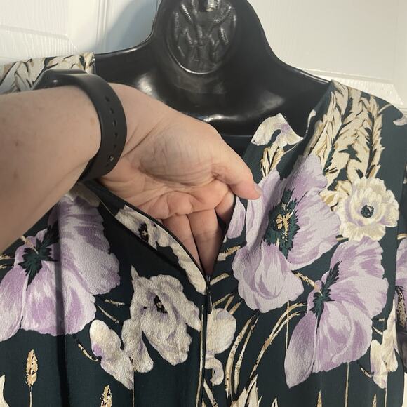 Vintage Y2K Ann Taylor Dress Women 12 Green Beige Purple Large Flowers Babydoll - Picture 5 of 13